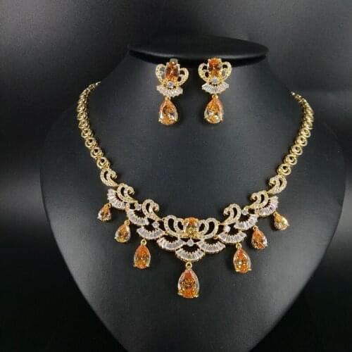 2021 new fashion bohemia champagne zircon necklace earring set,wedding bridel dinner party banquet dress jewelry free shipping