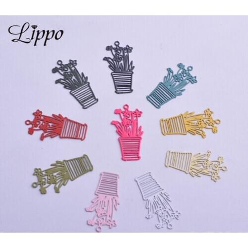 50pcs AC11492 12*23mm Filigree Potted Plant Charms Brass Creatively Colorful Cream-color Pendant Charm DIY Earring