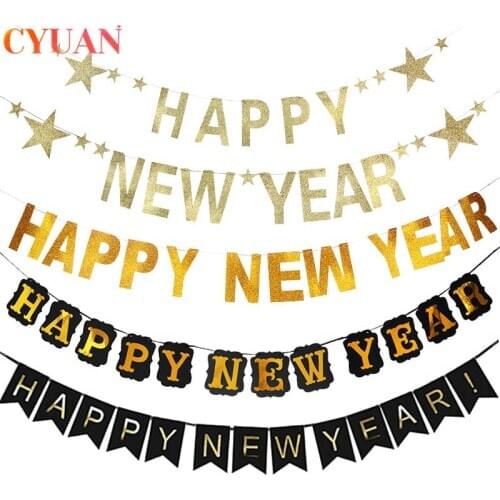 Glitter Happy New Year Banner Gold Black Letter Paper Bunting Garland New Year 2021 Party Decoration New Year Eve Party Supplies