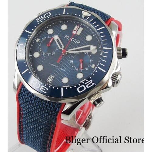 BLIGER Brand Quartz Movement 41mm Men Wristwatch Blue Dial Chronograph Date Function Ceramic Bezel Rubber Strap