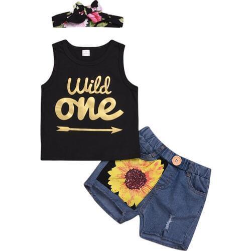 Kid Baby Girl Letter Print Tee Sleeveless Top+Sunflower Jean Pant Bebe Clothing Set Outfit