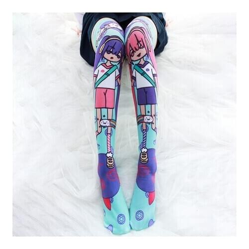 Harajuku style Cartoon Twin Girl Printed Knee High Stocking Sexy Japanese Anime Soft Sister Cosplay Long Thigh high Socks