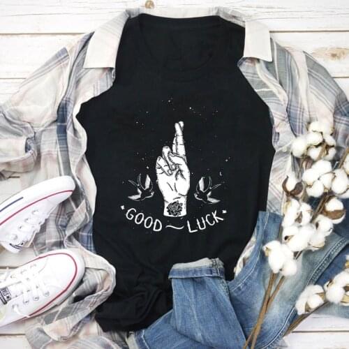 Minimal Good Luck Fingers Crossed Lucky T-shirt Funny Unisex Hipster Grunge Tshirt Casual Women Short Sleeve Graphic Tees Tops