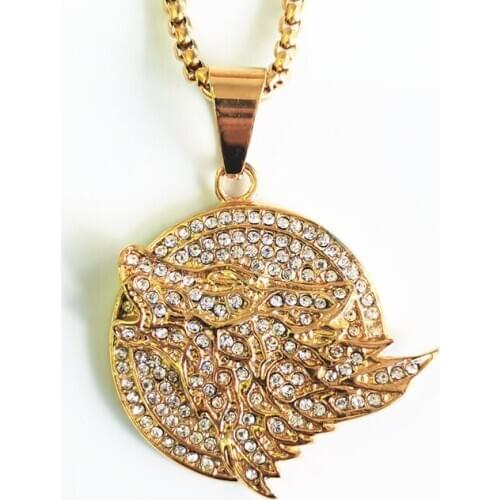 New Hip Hop Iced Out Wolf Head Pendant Necklace For Men Gold Color Stainless Steel Rhinestones Necklaces Bling Jewelry
