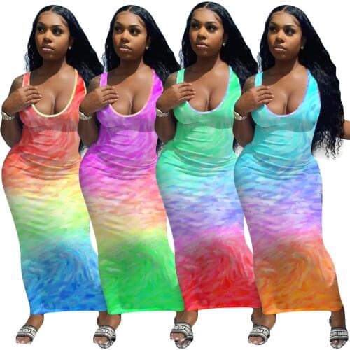 Gradient Color U Neck Sleeveless Bodycon Long Dress Womens dress summer 2021 Plus Size Clubwear Fitted Sundresses