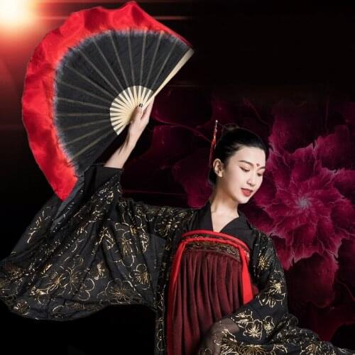 Chinese Silk And Bamboo Dance Fan Black And Red Gradient Double-Sided Jiaozhou Yangko Dance Fan Adult Long Silk Performance Fan