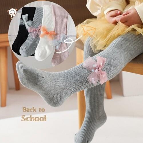 Baby Girls spring autumn pantyhose cotton polka dot mesh bow knot children infant toddler tights колготки детские kinder socken