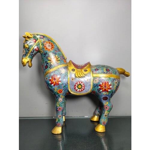 18"Chinese temple collection Old Bronze Cloisonne Enamel Zodiac horse statue Tangma War horse Ornaments Town House Exorcism