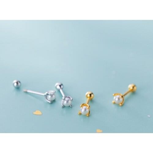 Cute 100% Real. 925 Sterling Silver Fine Jewelry 4-Prong Shell Pearll & Lucky Ball Piercing thread Screw Earrings C-G2026