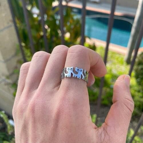 Cute Cartoon Pet Cat Rings Geometric Acient Silver Ring Exquisite Creative Ladies Wedding Ring Accessories Fashion Jewelry Gift