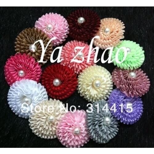 Mini ribbon rolled flower with pearl,Kids hair flower 18 colors in stock Free shipping 90pcs/lot