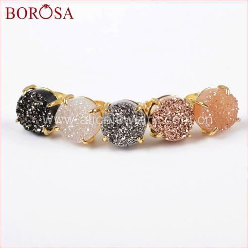 BOROSA 5Pairs Wholesale New Gold Clap Rainbow Druzy Stud Earrings for Women, Fashion Gold Color Mixed Drusy Jewelry ZG0250