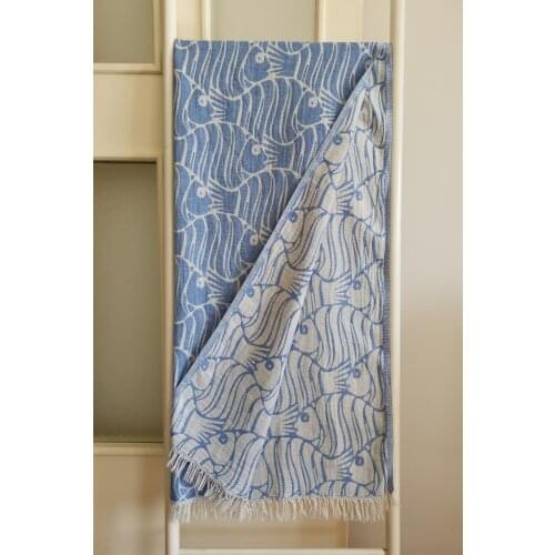 Peshtemal Bath Towel Beach Towel 100 Cotton Double Layer Fish Blue Bathroom Accessories Spa Sauna Turkish