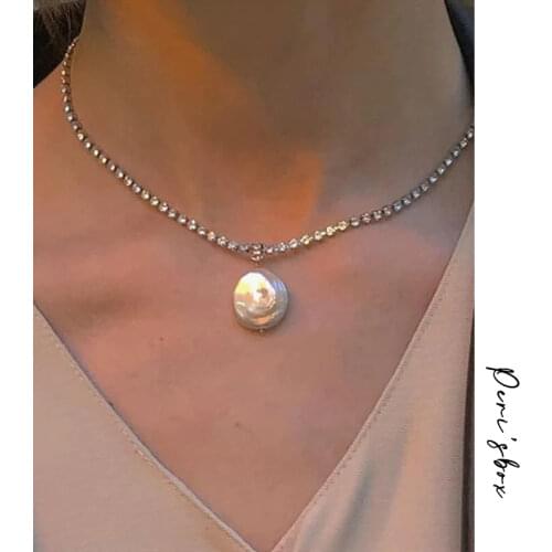 PerisBox Flat Natural Freshwater Pearl Necklaces Rhinestone Tennis Chain Necklaces for Women Minimalist Necklace Trendy Jewelry