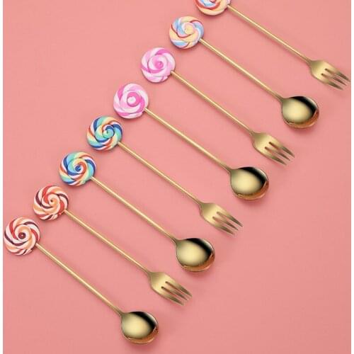 Donut Lollipop Fork Spoon Stainless Steel Dessert Fruit Fork Honey Tea Coffee Stirring Spoon Kid Cutlery Dinnerware Accessories