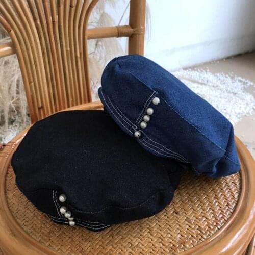 Casual Pearls Women Denim Beret Hat Fashion Adjustable Solid Color White Black Blue French Beret Lightweight Autumn Winter Cap