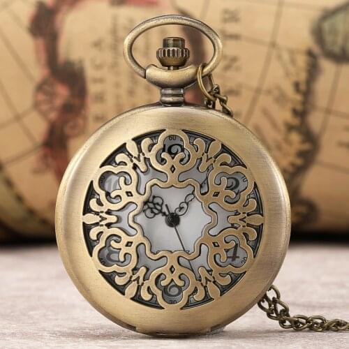 Transparent Hollow Half Hunter Quartz Pocket Watch Bronze Necklace Watches Men Women Antique Pendant Clock Steampunk Retro Gifts