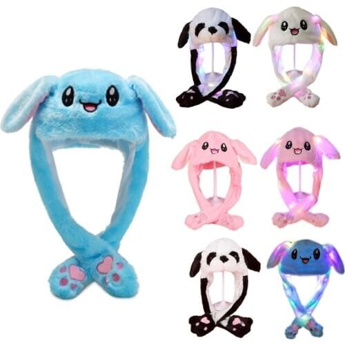Adult Kids Light Up Plush Animal Hat with Moving Ears Cartoon Rabbit Bunny Panda LED Glowing Earflap Cap Stuffed Toys