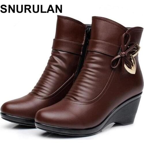 SNURULAN 2018 Rhinestones bow winter snow boots shoes woman high heels 2018 Anti-skid genuine leather boots women bootsE530