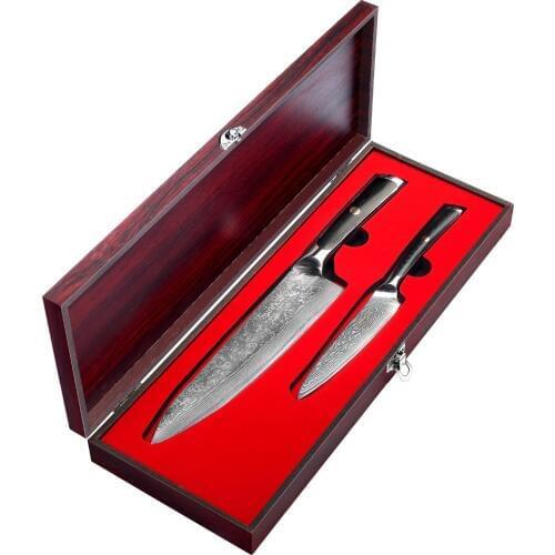 SUNNECKO Exquisite Gift Box Packaging 2pcs Knives Set Damasucs Steel Blade Kitchen Knife G10 Handle Meat Slicer Cook Present