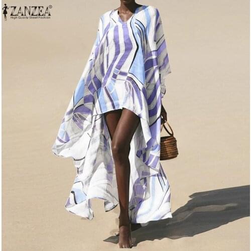 ZANZEA Women Summer Asymmetrical Blouse Oversized Bohemian Floral Printed Tops Holiday Blusas 3/4 Flare Sleeve Loose Long Shirt