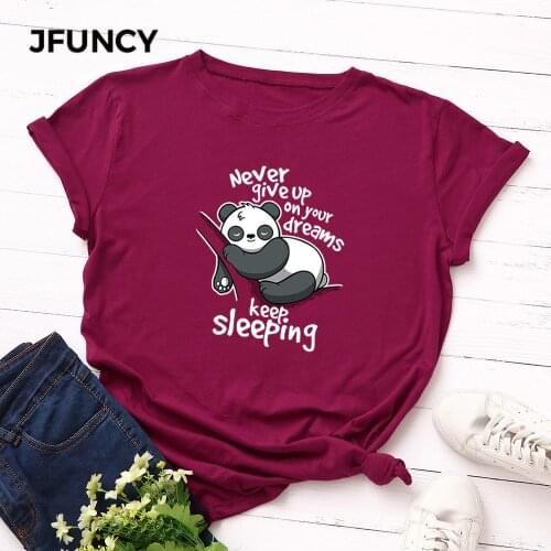 JFUNCY Short Sleeve Womens Cotton Shirts Plus Size T-shirt New Cartoon Panda Print Woman Tshirt Summer Women Tops Female Tee