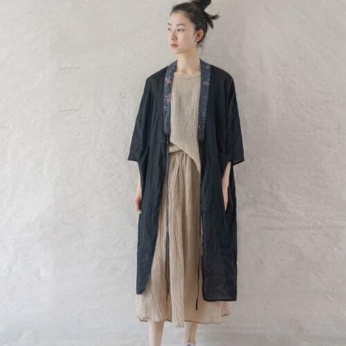 SCUWLINEN 2021 Summer Autumn Women Cardigan Retro Japan Style V-neck Patchwork Lacing Loose Ramie Shirt Trench P376