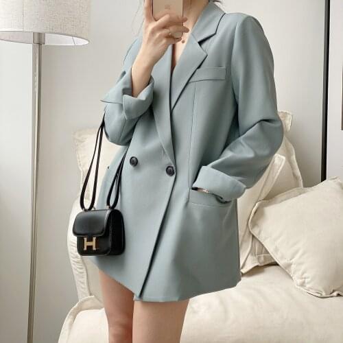 2021 Solid Color Elegant Blue Blazer Women Jacket Womens Korean Style Loose V-neck Long Sleeve Black Jackets for Spring Autumn