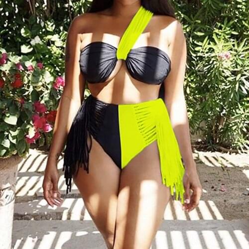Women Sexy 2pcs Bikini Set One Shoulder Color Block Swimsuit Tassel Bathing Suit