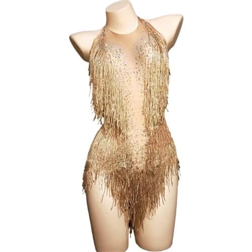 Women New 5 Colors Shining Tassel Rhinestones Sexy Bodysuit Dance Show One-piece Sexy Costume Performance Leotard Free Shipping