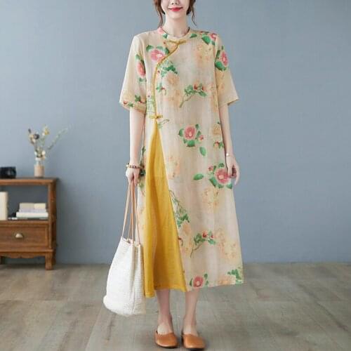 2021 New Arrival Fashion Chinese Style Dress Robes Print Floral Patchwork Loose Vintage Summer Dress Women Casual Long Dress
