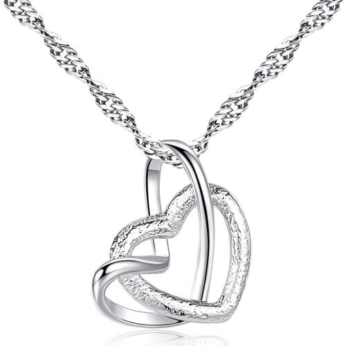 925 Sterling Silver Double Heart Shape Charm Necklaces & Pendants Choker Party Wedding Jewelry For Women dz838