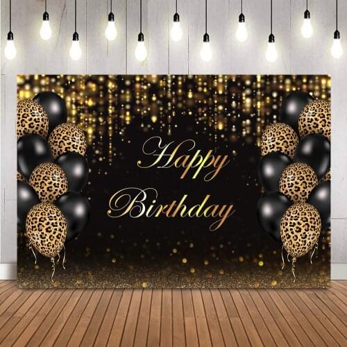 Gold Glitter Birthday Backdrop Black Balloon Shining Dot Photo Background Happy Birthday Party Decoration Banner Photocall