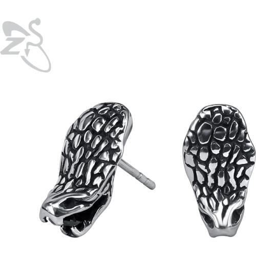 ZS Snake Head Earrings with Black Zirconia Stainless Steel Stud Earrings Punk Ear Piercing Jewelry Hip Hop Accessories for Men