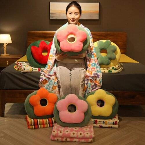 1pcs 45*30cm Flower shaped plush cushion with 1*1.5m vevelt blanket colorful flower plush nap pillow girl gift or home decor