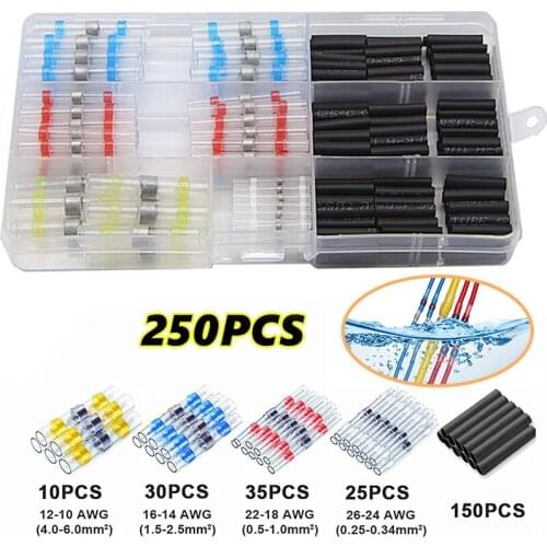 250PCS Solder Seal Wire Connectors Heat Shrink Butt Tube Electrical Connectors Waterproof Insulated Cable Terminal Kit Car