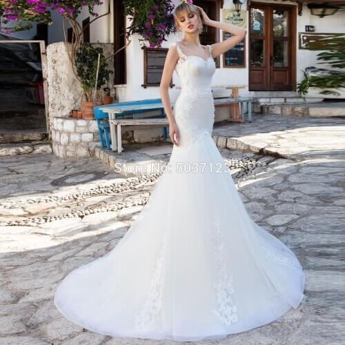 White Mermaid Wedding Dresses Lace Appliques Spaghetti Straps Sleeveless Court Train Lace Up Bridal Gowns Vestido De Noiva
