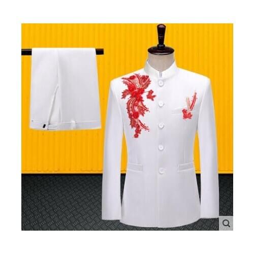 Blazer men Chinese tunic suit set with pants red embroidered mens wedding suits costume singer stage clothing formal dress