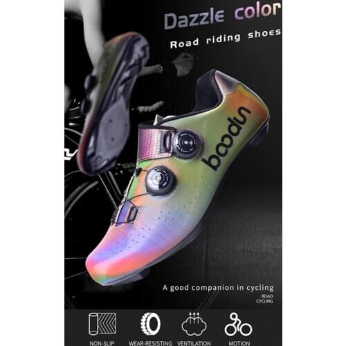 Boodun cycling shoes Microfiber Dazzling non-slip road Bike outdoor riding shock absorption colorful bicycle mountain lock shoes