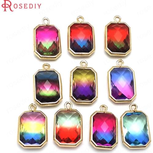 C515)6 pieces 19x12mm 24K Champagne Gold Color Brass and Glass Colorful Rainbow Style Rectangle Charms Pendants Diy Accessories