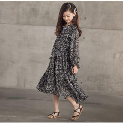 Children Dress 2021 New Baby Floral Bow Chiffon Girls Fresh Dress with Lining Midi Dress Bow Kids Clothes Two Colors,#6040