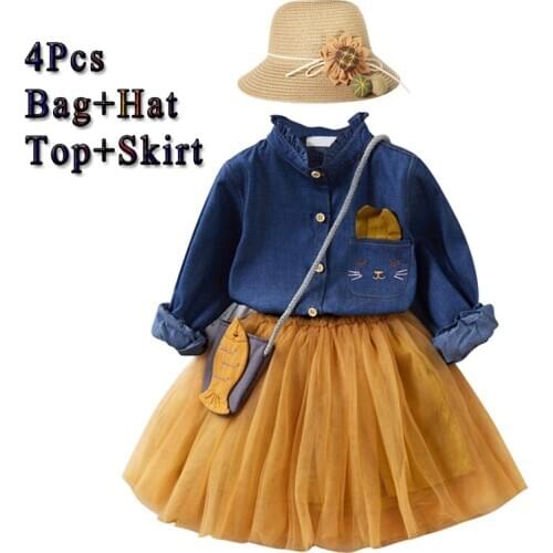 2021 Girls Dress Skirt+Denim Jacket Top With Bag 3 Pcs Set Outfit Girls Clothes Fashion Spring Children Clothing Set