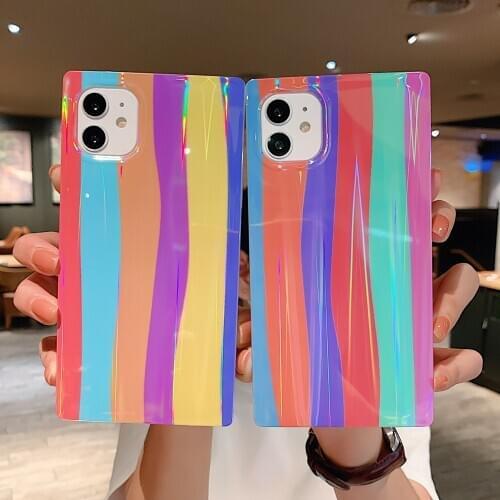 Fashion Rainbow Stripe Candy Color Soft TPU Phone Case for iPhone 12 Mini 11 Pro Max Glitter Laser Square Shockproof Back Cover