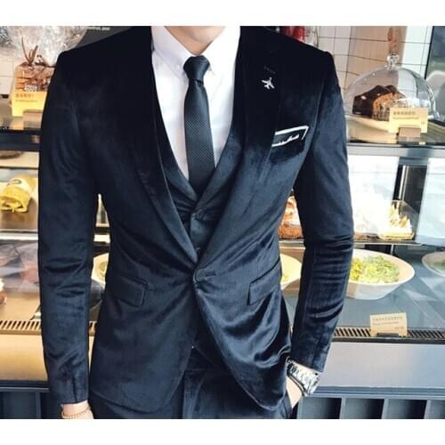 2019 Black Velvet Wedding Men Suits Three Pieces Custom Made Tuxedos Terno Masculino Man Blazer (Jacket+Pant+Vest+Tie)