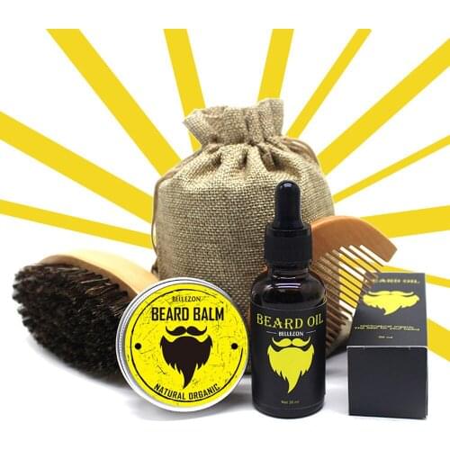 Bellezon 4pcs/set Beard Growth Kit Beard comb+ Beard Growth Serum Oil+ Beard Balm Facial Hair Growth Kit for Men