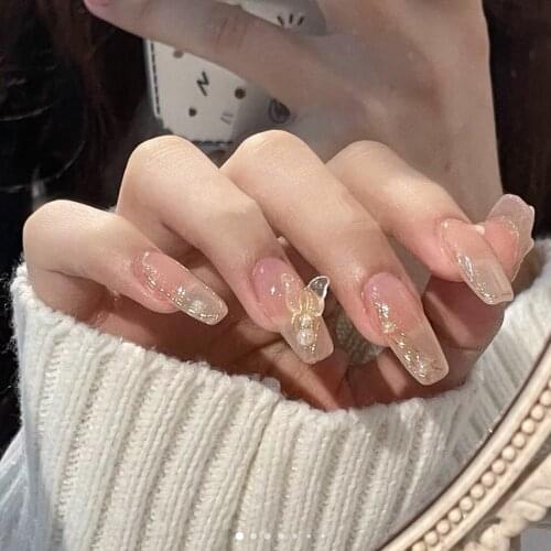 24Pcs/Set False Nails 3D Bow Printed With Pearl Inlaid Glue Type Removable Long Paragraph Fashion Manicure DIY Nail Art RP
