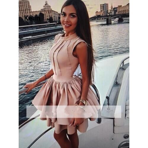 Peach Homecoming Dresses A-line High neck Short Mini Tulle Satin Tiered Elegant Cocktail Dresses