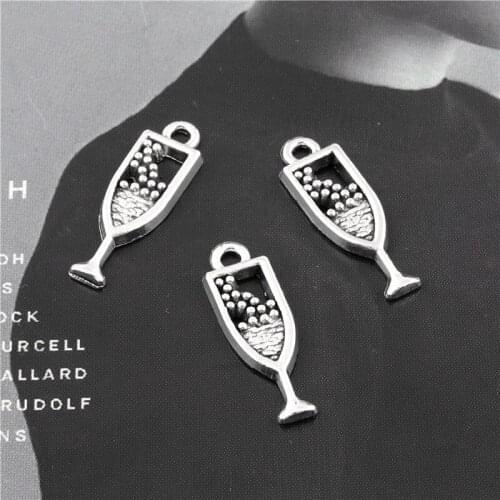 20Pcs Silver Color Wine Bottle Charms Wine Cup Glass Rack Pendant Necklaces Making Jewelry Party Suppliees 4x18mm A3121