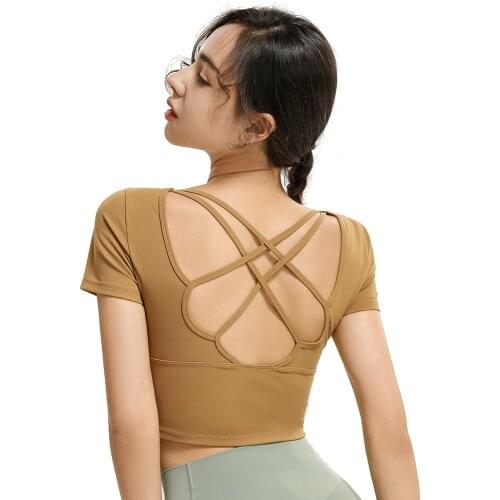 Sports Wear For Women Gym Fitness Clothing Nylon Solid Cross Back Padded Yoga Crop Top Workout Clothes Short Sleeve Sport Shirts