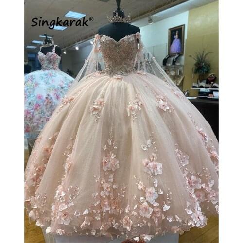 2021 Pink Quinceanera Dresses Cinderella With Wraps Floral 3D Flowers Applique Pearls Lace Up Ball Gown Sweet 16 15 Dress